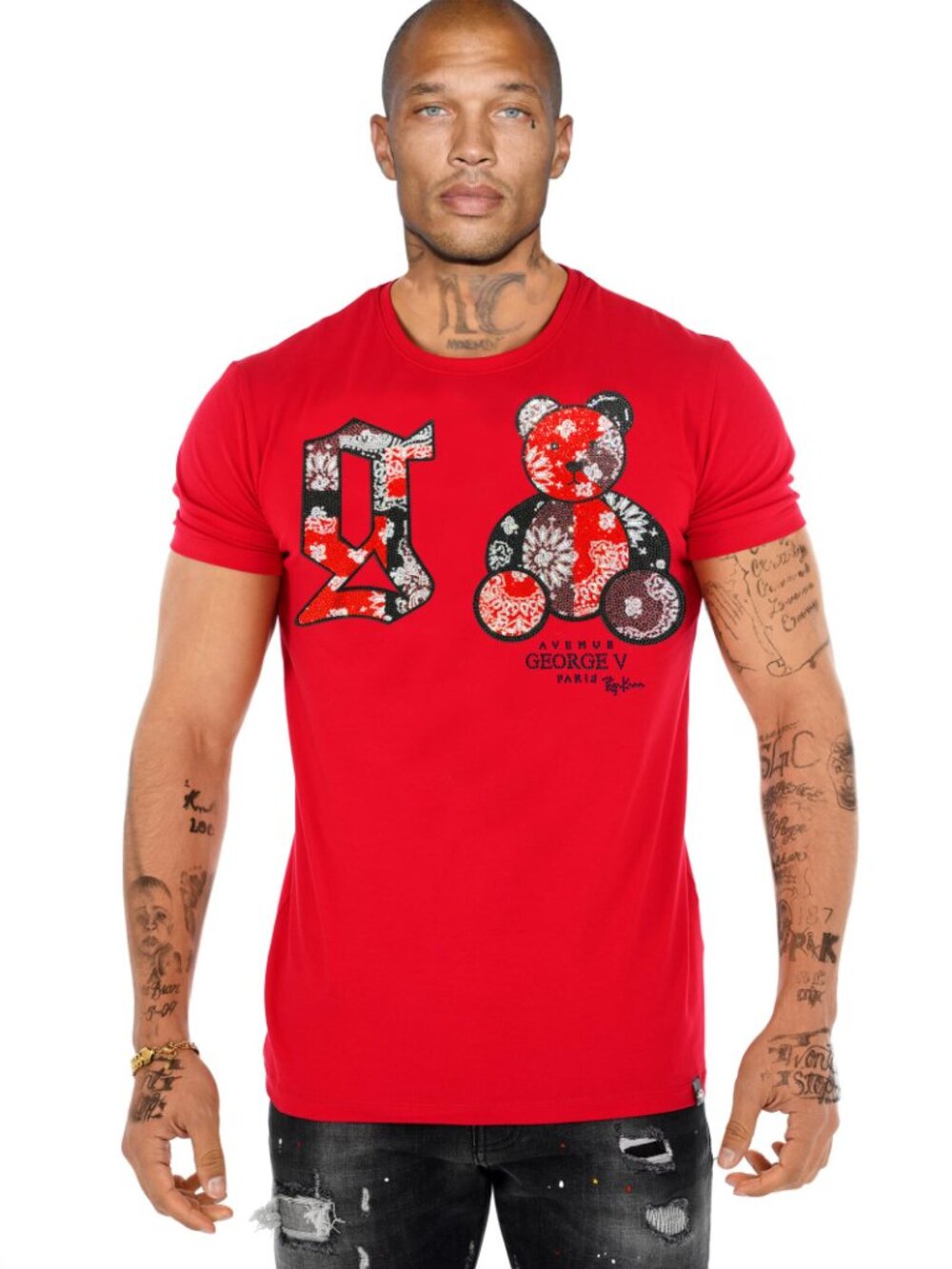 Avenue George V Paris T-Shirt Men's White Short Sleeve Rhinestone Teddy Bear - Picture 3 of 3